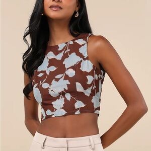 Lulus Coveted Brown Floral Mesh Cutout Tie-Back Crop Tank Top Size Medium